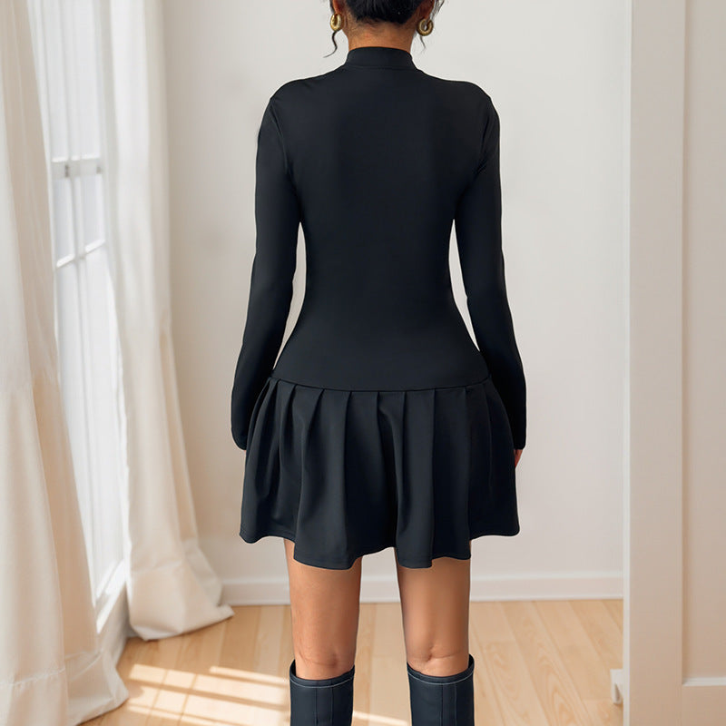 BowTie Long Sleeve Half Turtleneck Short Dress