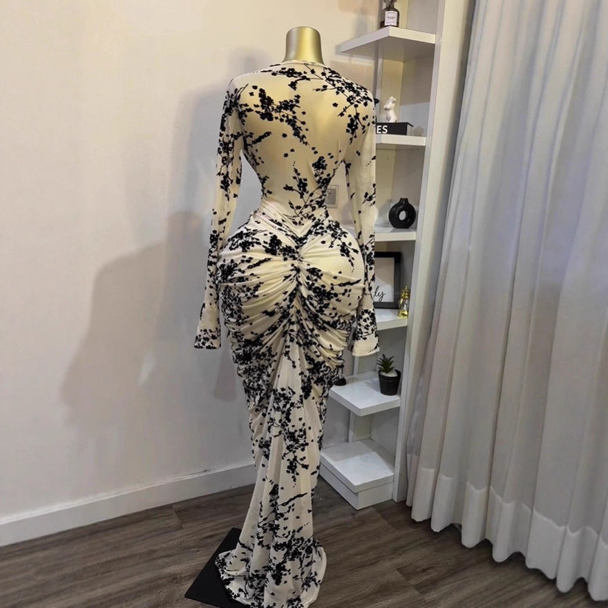 Sexy Floral Long Sleeve Mesh Flocked Ruched Dress with Inner Slip