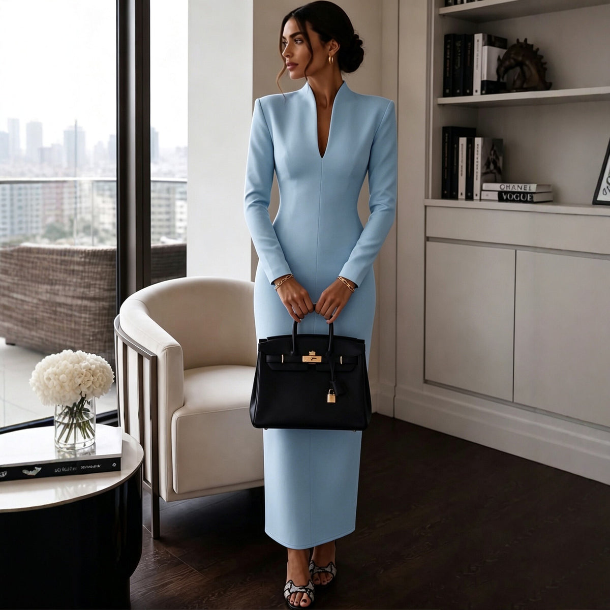 Collar V-Neck Long Sleeve Fitted Bodycon Evening Dress