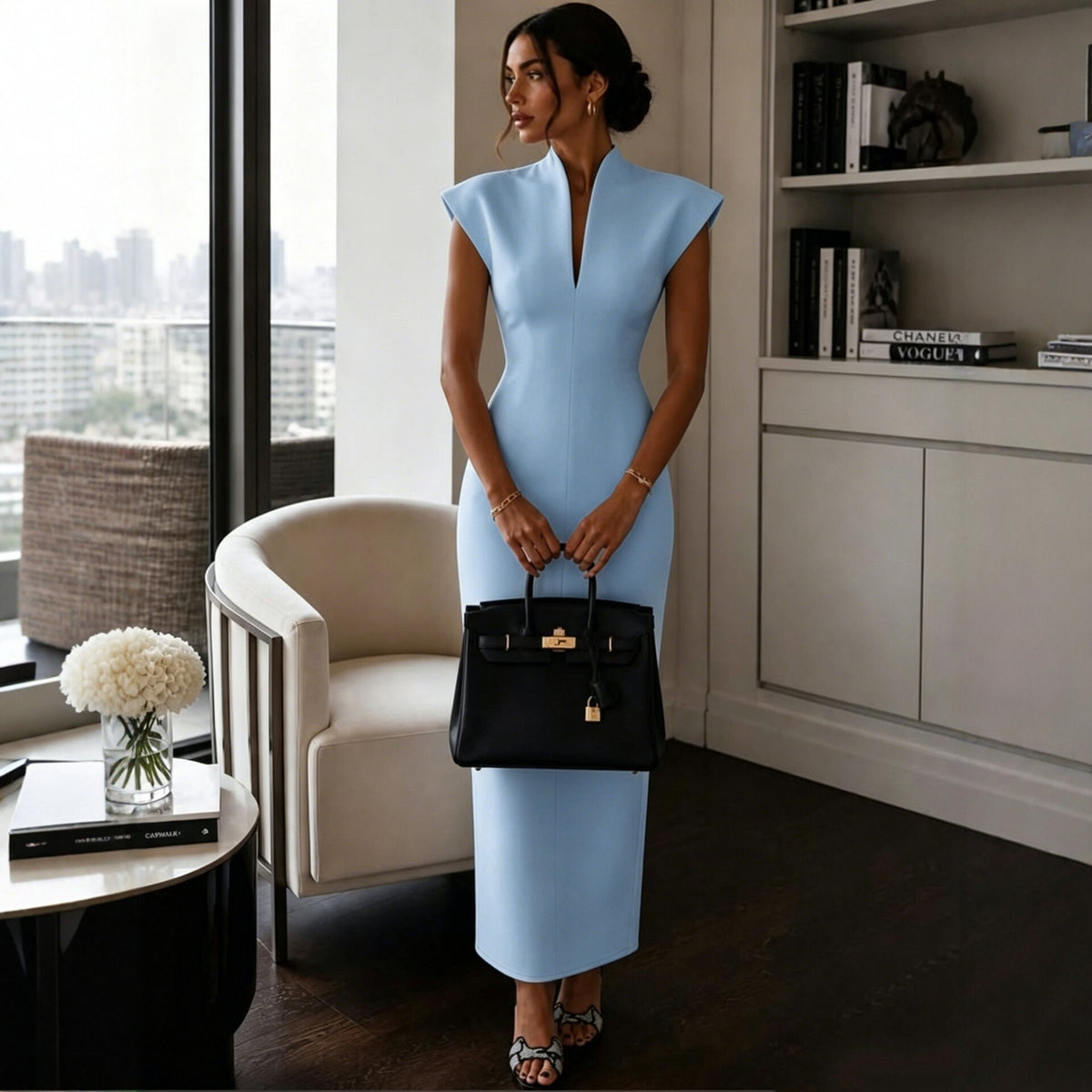 Collar V-Neck Sleeveless Fitted Bodycon Evening Dress