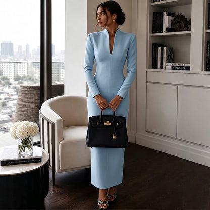 Collar V-Neck Long Sleeve Fitted Bodycon Evening Dress