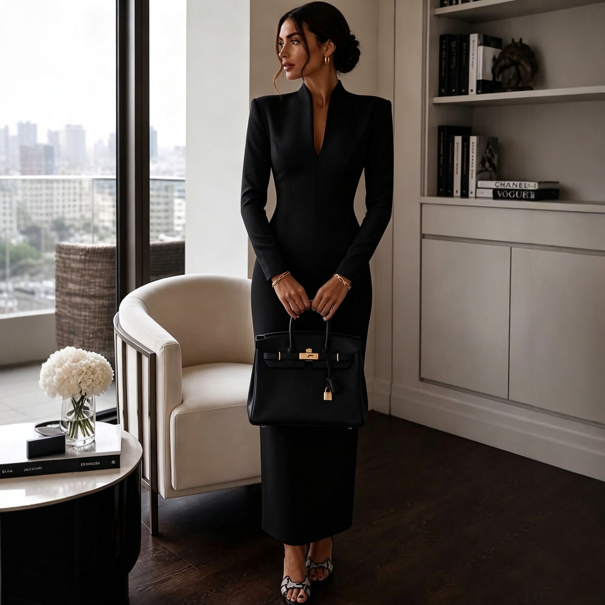 Collar V-Neck Long Sleeve Fitted Bodycon Evening Dress