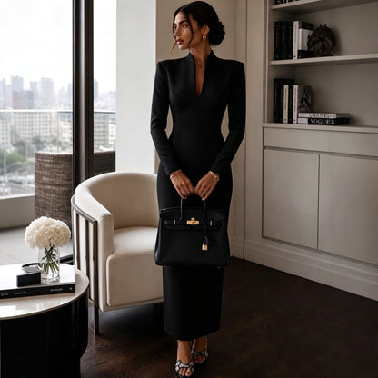 Collar V-Neck Long Sleeve Fitted Bodycon Evening Dress