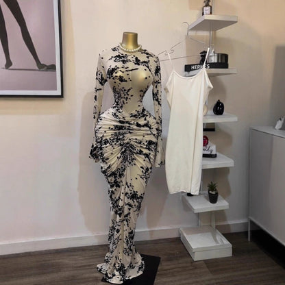 Sexy Floral Long Sleeve Mesh Flocked Ruched Dress with Inner Slip