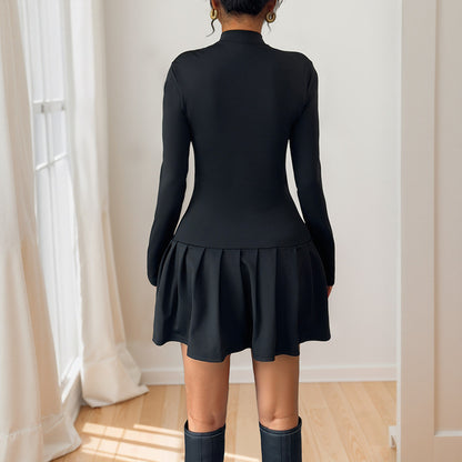 BowTie Long Sleeve Half Turtleneck Short Dress