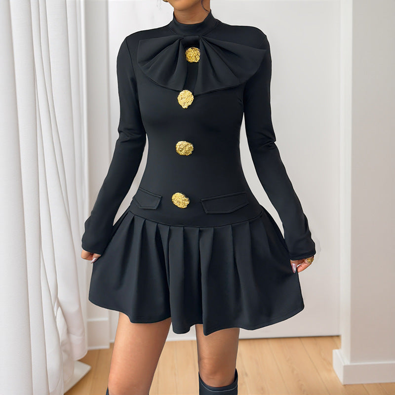 BowTie Long Sleeve Half Turtleneck Short Dress