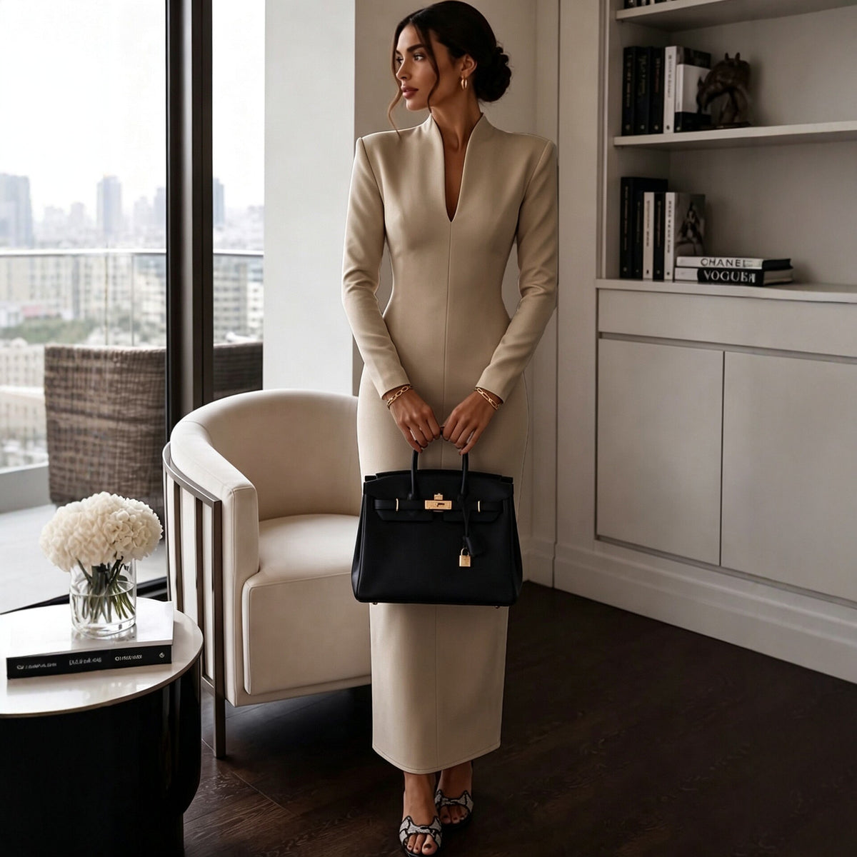 Collar V-Neck Long Sleeve Fitted Bodycon Evening Dress
