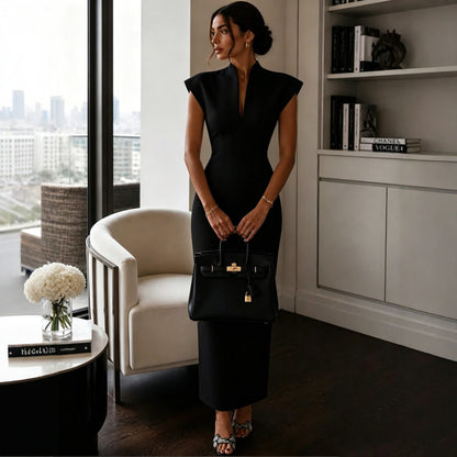 Collar V-Neck Sleeveless Fitted Bodycon Evening Dress