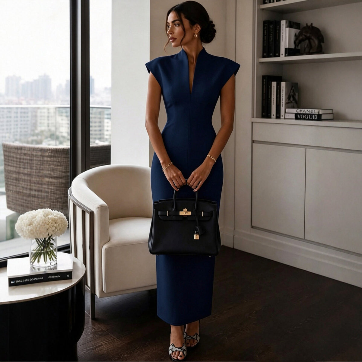 Collar V-Neck Sleeveless Fitted Bodycon Evening Dress