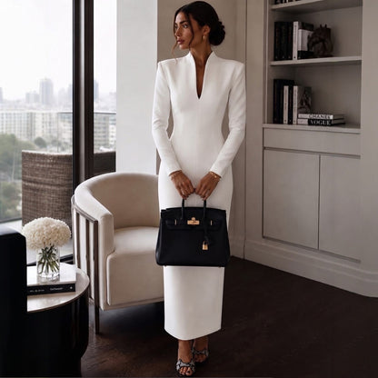 Collar V-Neck Long Sleeve Fitted Bodycon Evening Dress