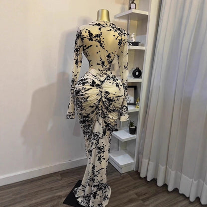 Sexy Floral Long Sleeve Mesh Flocked Ruched Dress with Inner Slip
