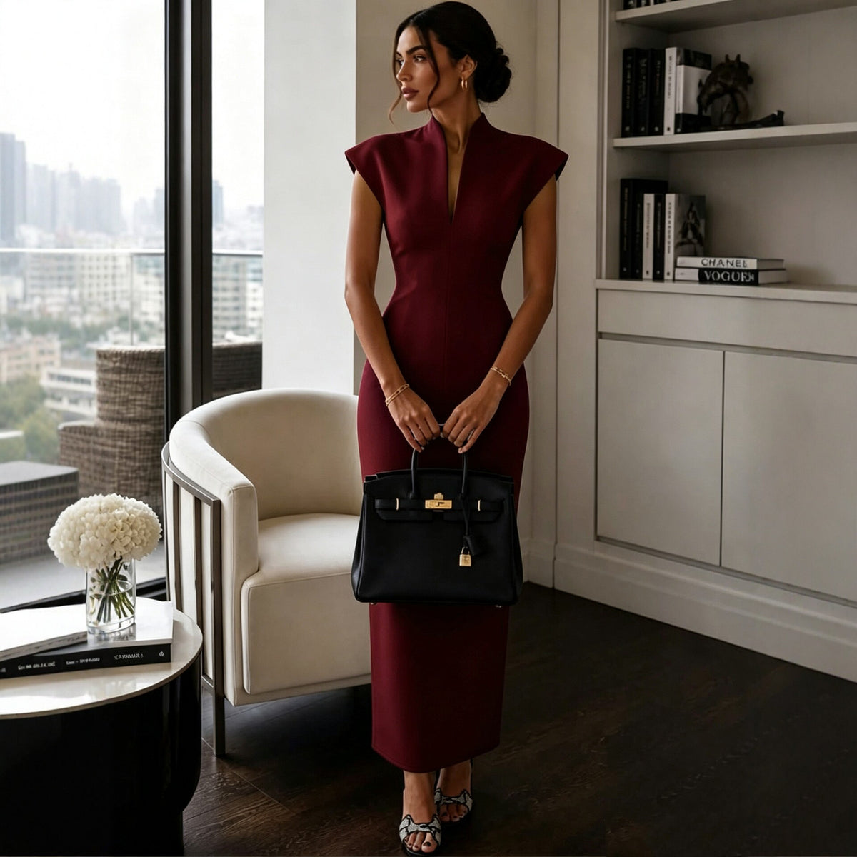 Collar V-Neck Sleeveless Fitted Bodycon Evening Dress
