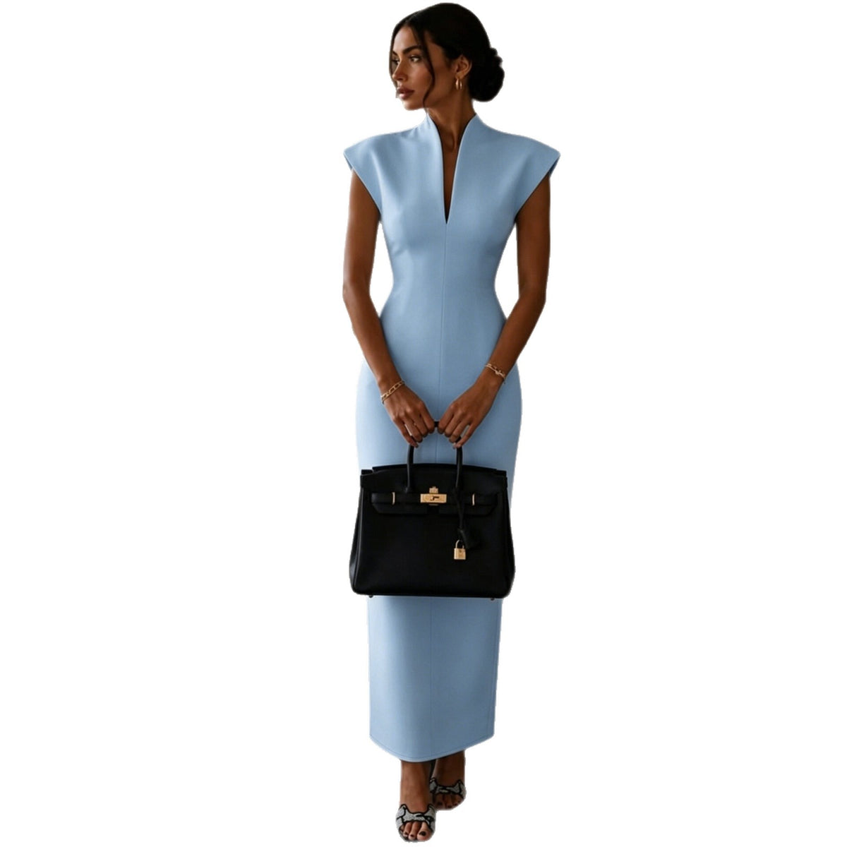 Collar V-Neck Sleeveless Fitted Bodycon Evening Dress