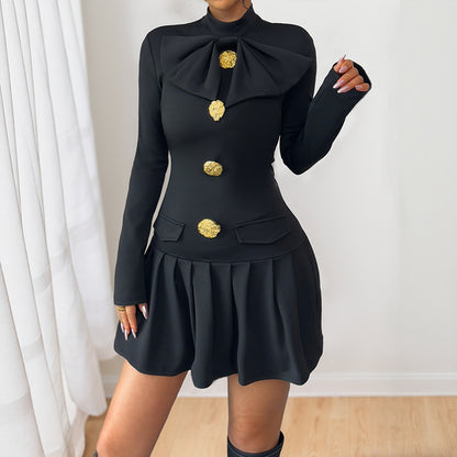 BowTie Long Sleeve Half Turtleneck Short Dress