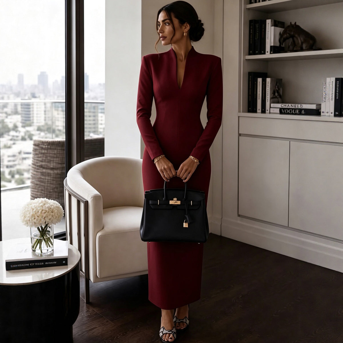 Collar V-Neck Long Sleeve Fitted Bodycon Evening Dress